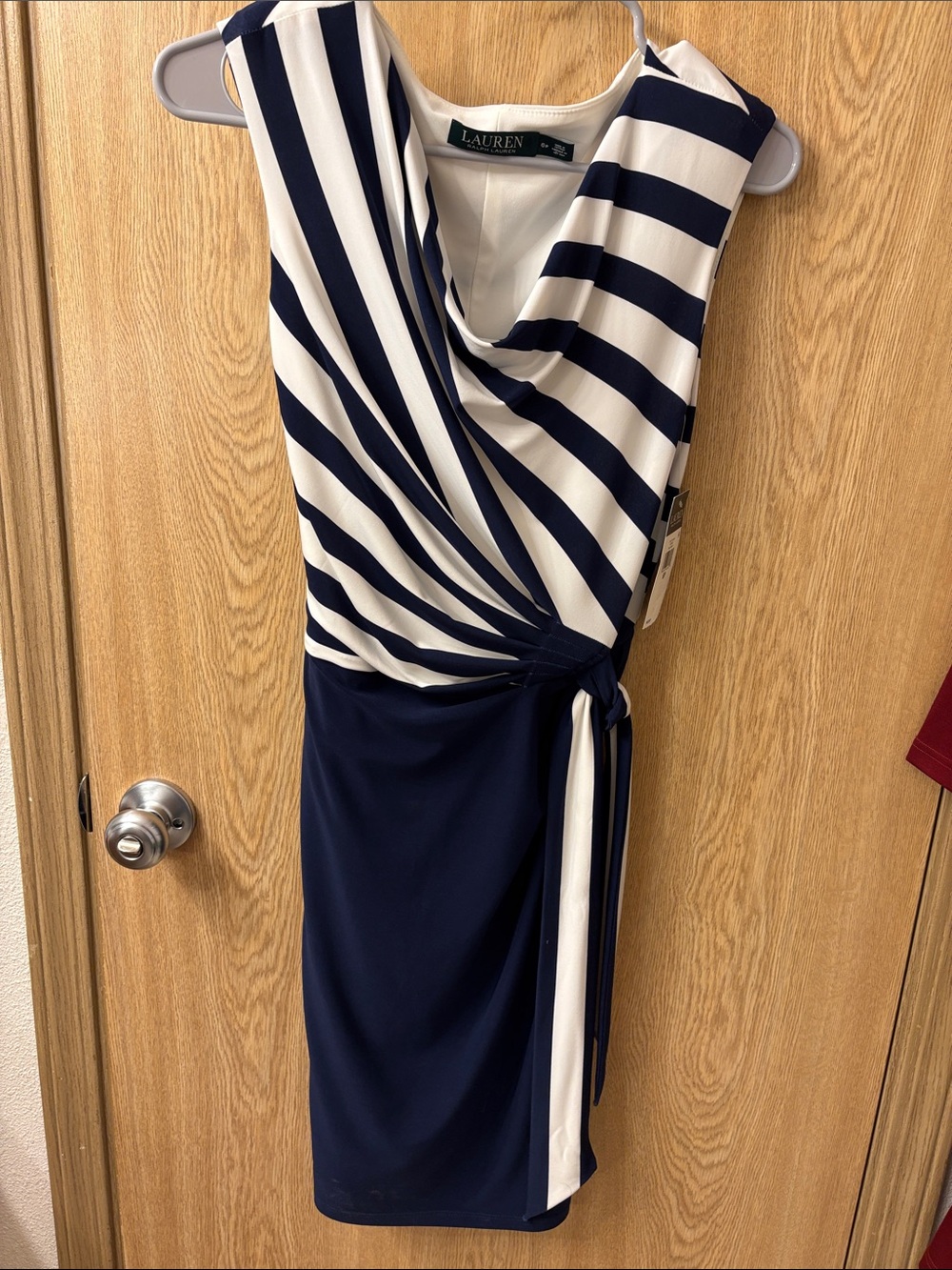 Ralph Lauren Navy and White Striped Faux-Wrap Midi Dress